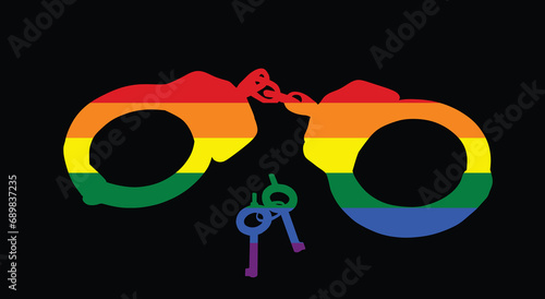 Gay LGBT flag over handcuffs vector silhouette illustration isolated on black background. Police arrest tool. Sexual game toy. Capture hands of lovers people. Police equipment in roleplay fetish game.