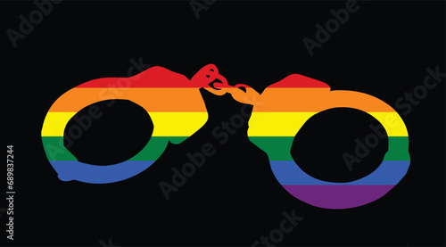 Gay LGBT flag over handcuffs vector silhouette illustration isolated on black background. Police arrest tool. Sexual game toy. Capture hands of lovers people. Police equipment in roleplay fetish game.