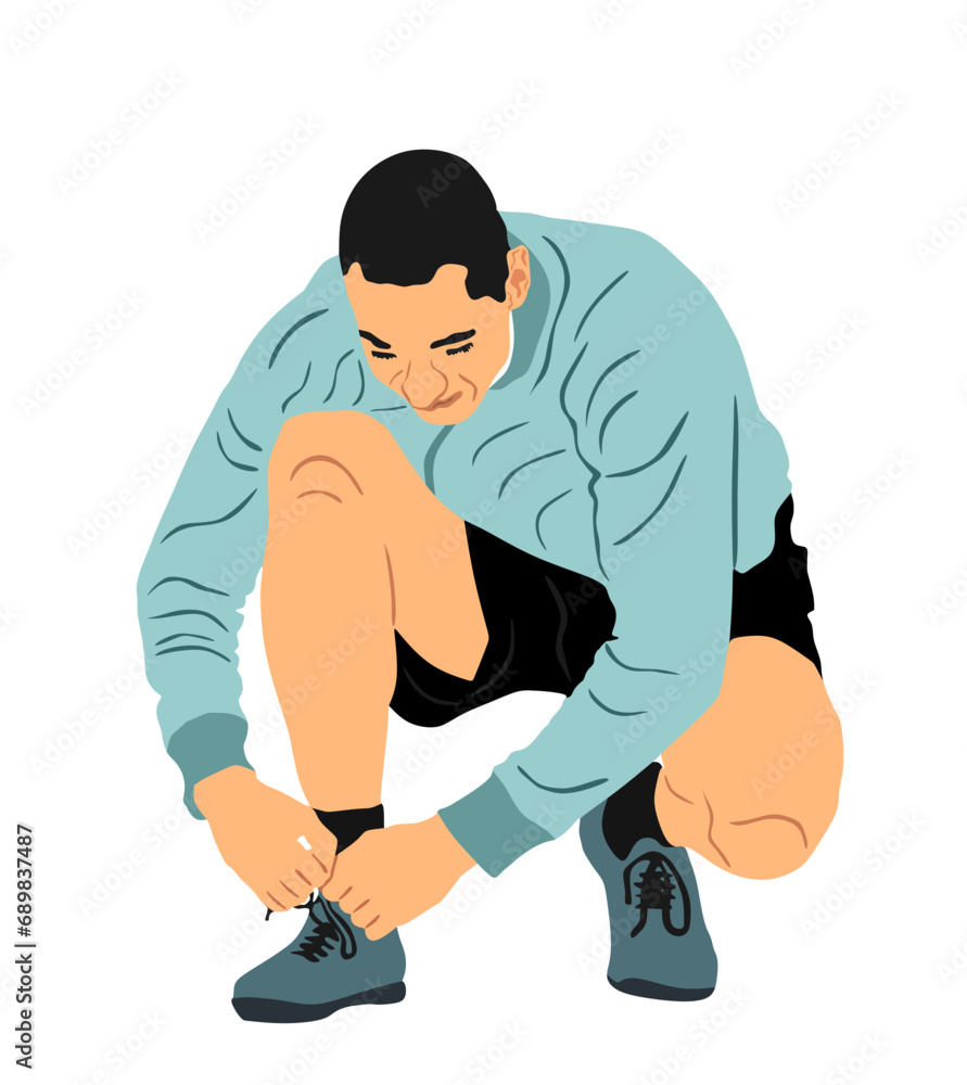 Sport man tying laces on sneakers vector illustration isolated on white background. Athlete sport runner. Fit boy fix shoestring. Active sportsman tying shoelaces. Pause on jogging active health care Sport man tying laces on sneakers vector illustration isolated on white background. Athlete sport runner. Fit boy fix shoestring. Active sportsman tying shoelaces. Pause on jogging active health care
