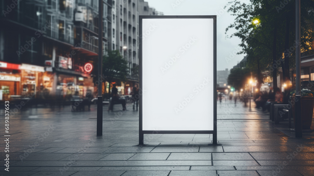 White Poster Mockup in Blurred City Background White Poster Mockup in Blurred City Background