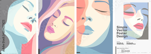 Women's faces. A girl with closed eyes. Set of vector illustrations. 
Typographic poster design and vectorized illustrations on background.