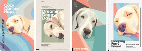 Plakat Dog. Portrait of a sleeping dog. Set of vector illustrations. Typographic poster design and vectorized illustrations on background.