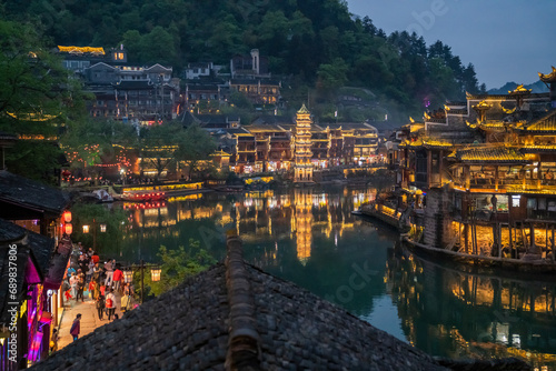 View of Fenghuang, a small town along the river in Fenghuang County, Xiangxi Tujia and Miao Autonomous Prefecture, Hunan, China.