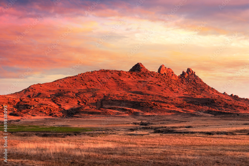 Red hill at sunset near the Lesotho town of Quthing, Africa