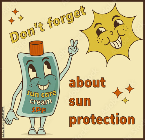 A retro-style poster with sunscreen and a playful sun