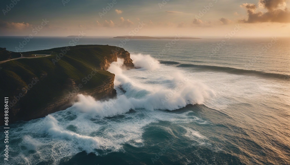 an ocean view with crashing surf at sunset or sunrise time