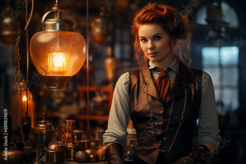 A steampunk inventor in her workshop, surrounded by mechanical creations, victorian attire with copper accessories