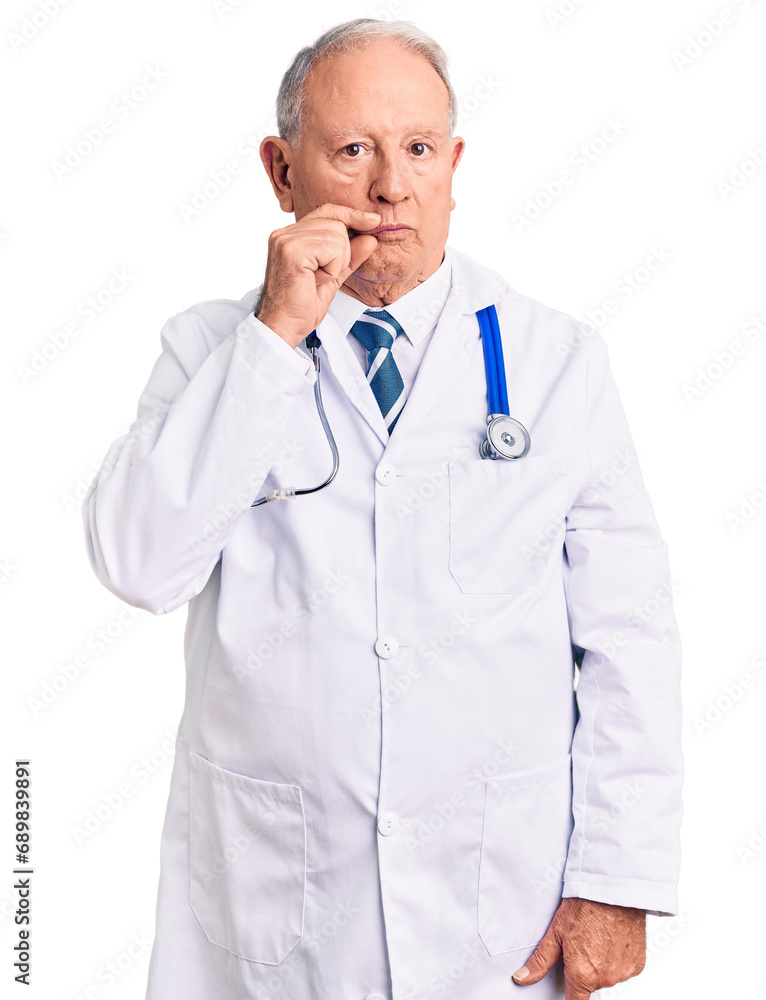 Senior handsome grey-haired man wearing doctor coat and stethoscope mouth and lips shut as zip with fingers. secret and silent, taboo talking Senior handsome grey-haired man wearing doctor coat and stethoscope mouth and lips shut as zip with fingers. secret and silent, taboo talking