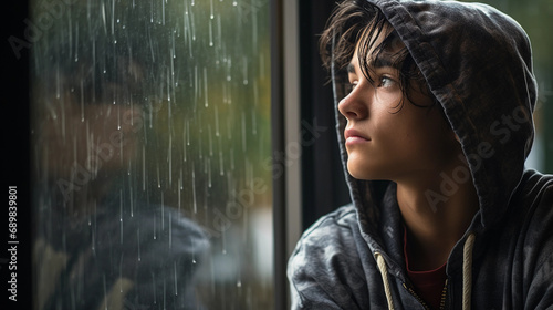 Contemplative teenager looking out a rain-streaked window photo