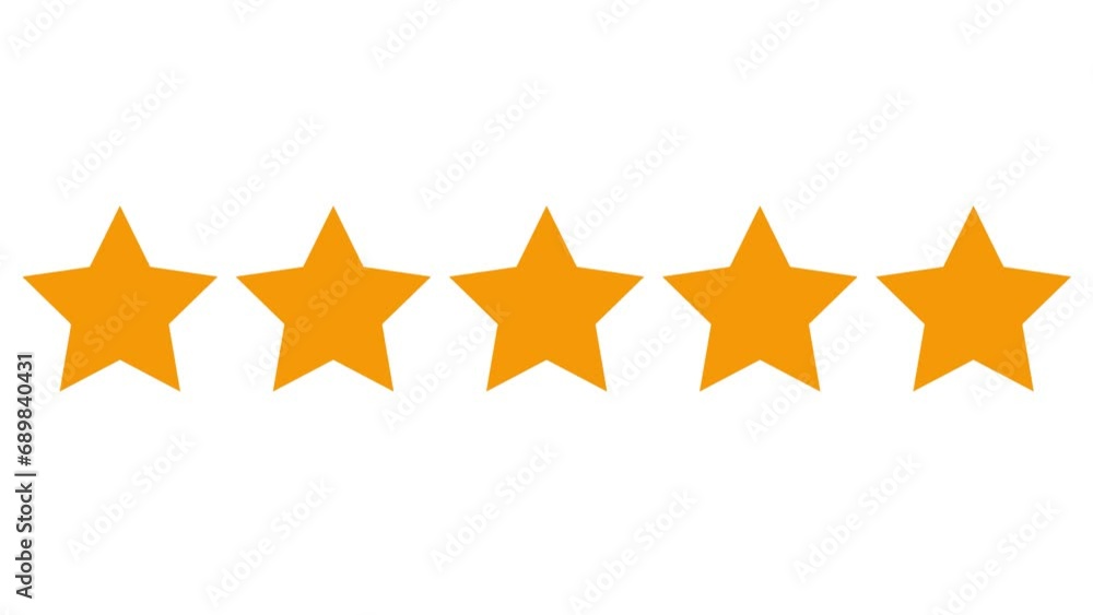 Animated five orange stars customer product rating review. Vector flat illustration isolated on the white background Animated five orange stars customer product rating review. Vector flat illustration isolated on the white background