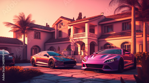 Villa and Luxury cars. Sport cars in courtyard near a luxury villa. Tropical Villa Resort. Party in Villa in Beverly Hills. Luxyry house in Miami. Supercars in California. Holiday Rentals