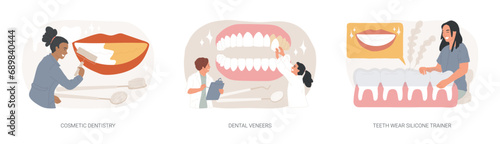 Dental service isolated concept vector illustration set. Cosmetic dentistry, dental veneers, teeth wear silicone trainer, teeth whitening, medical center, orthodontic clinic, smile vector concept.