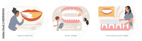 Dental service isolated concept vector illustration set. Cosmetic dentistry, dental veneers, teeth wear silicone trainer, teeth whitening, medical center, orthodontic clinic, smile vector concept.