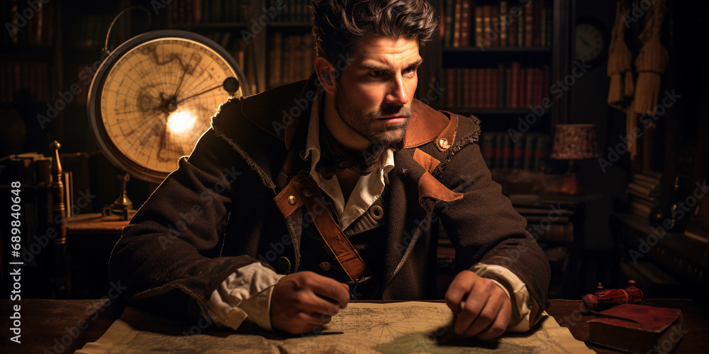 A steampunk explorer portrait, map and compass in hand, background of old library maps