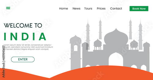Welcome to India background vector illustration. Travel and Tourism poster. Famous Taj Mahala Landmarks  . photo