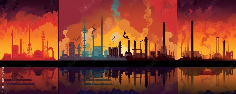 Industrial landscape with chimneys and reflection in water. Industry concept. Air pollution Concept