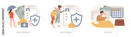 Medical care isolated concept vector illustration set. Health insurance, care allowance, sick leave, application form, emergency coverage, home nurse, social insurance, home office vector concept.