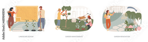 Gardening services isolated concept vector illustration set. Landscape design, garden maintenance and renovation, frond and backyard, shaping plants, hedge trimming, lawn mowing vector concept.