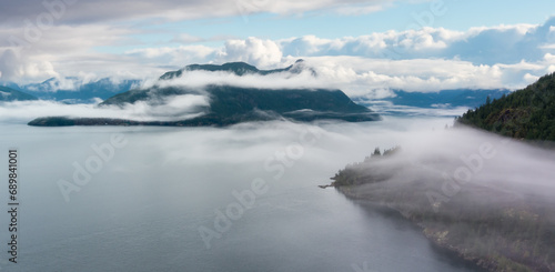 Sea to Sky Highway in Howe Sound. Aerial View Canadian Mountain Landscape on West Coast.