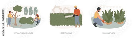 Garden works isolated concept vector illustration set. Cutting trees and shrubs, hedge trimming, mulching plants, weed control, landscape maintenance, broken branches, topiary vector concept.