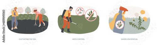 Garden protection isolated concept vector illustration set. Cultivating the soil, weed and pest control, dandelion removal, herbicide and pesticide, grass seed, weed-free lawn vector concept.