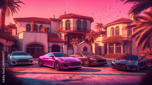Villa and Luxury cars. Sport cars in courtyard near a luxury villa. Tropical Villa Resort. Party in Villa in Beverly Hills. Luxyry house in Miami. Supercars in California. Holiday Rentals