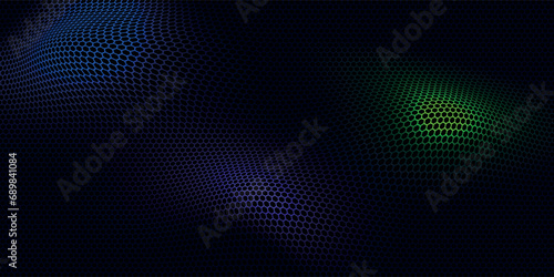 Dark hexagon abstract technology background with blue and pink colored bright flashes under hexagon. © ADAM HAIDAR MUHAMMAD