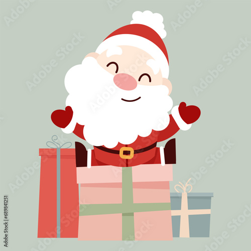Cute flat character Santa Claus sitting on a lot of gifts