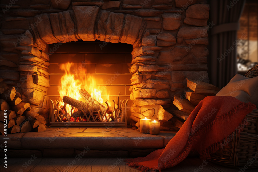 A Cozy Fireplace with Crackling Flames and Warm Blanket