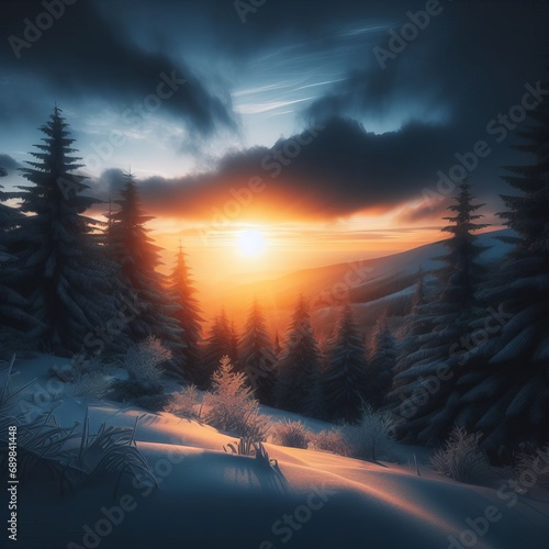 Beautiful winter forest landscape in sunny weather