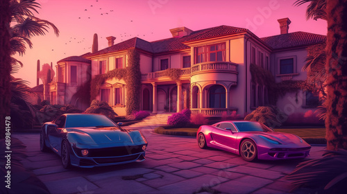 Villa and Luxury cars. Sport cars in courtyard near a luxury villa. Tropical Villa Resort. Party in Villa in Beverly Hills. Luxyry house in Miami. Supercars in California.  Holiday Rentals