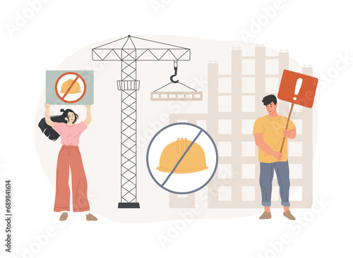 Illegal building isolated concept vector illustration. Illegal construction, valid construction permit, uncompleted unfinished building activity, demolition of abusive home vector concept.