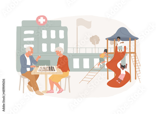 Community facilities isolated concept vector illustration. Public places, health centre, group of seniors, retirement home, kids playground, cultural activity, assisted nursing vector concept.