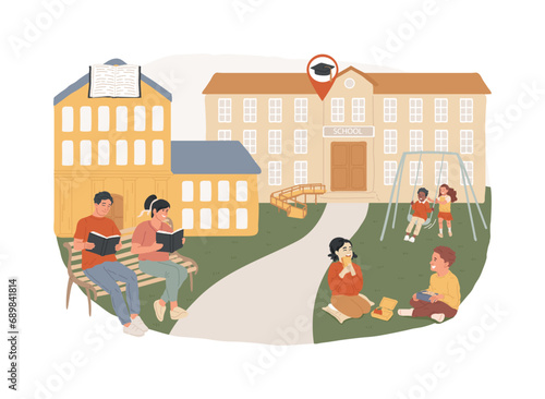 Sociocultural facilities isolated concept vector illustration. Cultural infrastructure, social facilities, public building, high school, public library, kids playground, hospital vector concept.