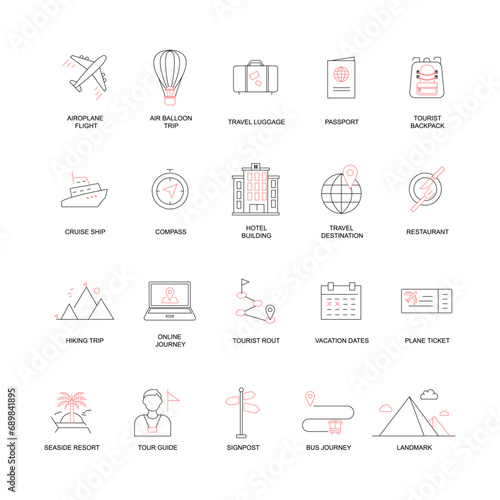 Icons for travel and tourism, set with editable strokes. Vacation and hotel icon set featuring customizable strokes.