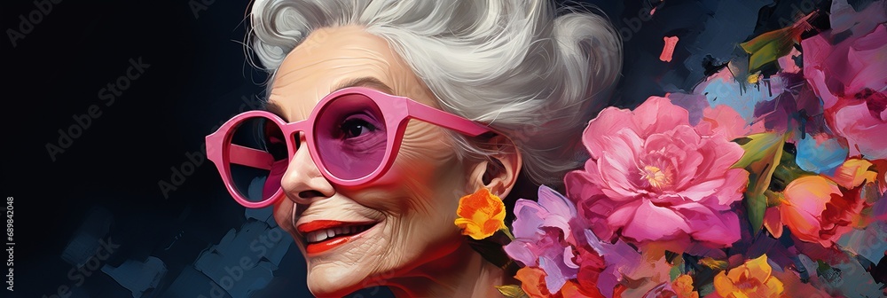 Radiant Senior Woman in Vibrant Pink Attire, Exuding Joy with Fashionable Classic Glasses