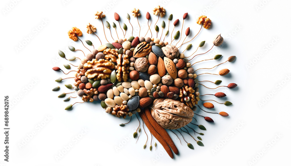 Nuts and seeds arranged in the shape of a human brain on a clear white background, symbolizing a healthy lifestyle choice - obrazy, fototapety, plakaty 