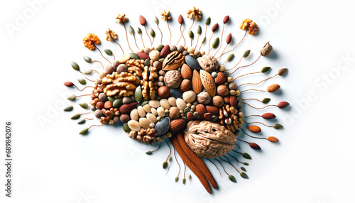 Nuts and seeds arranged in the shape of a human brain on a clear white background, symbolizing a healthy lifestyle choice