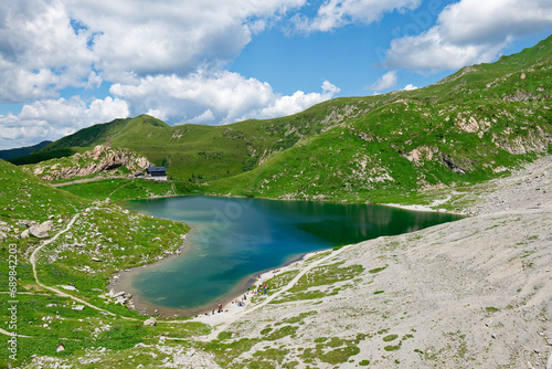 View of Volaia Lake, Wolayersee, on the border of Italy and Austria. Beautiful destinations for hikers. Vibrant colors. photo