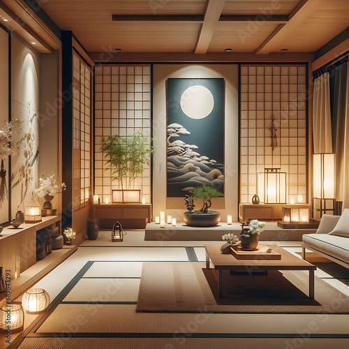 Japanese zen style home interior design of modern living room at night. generative ai