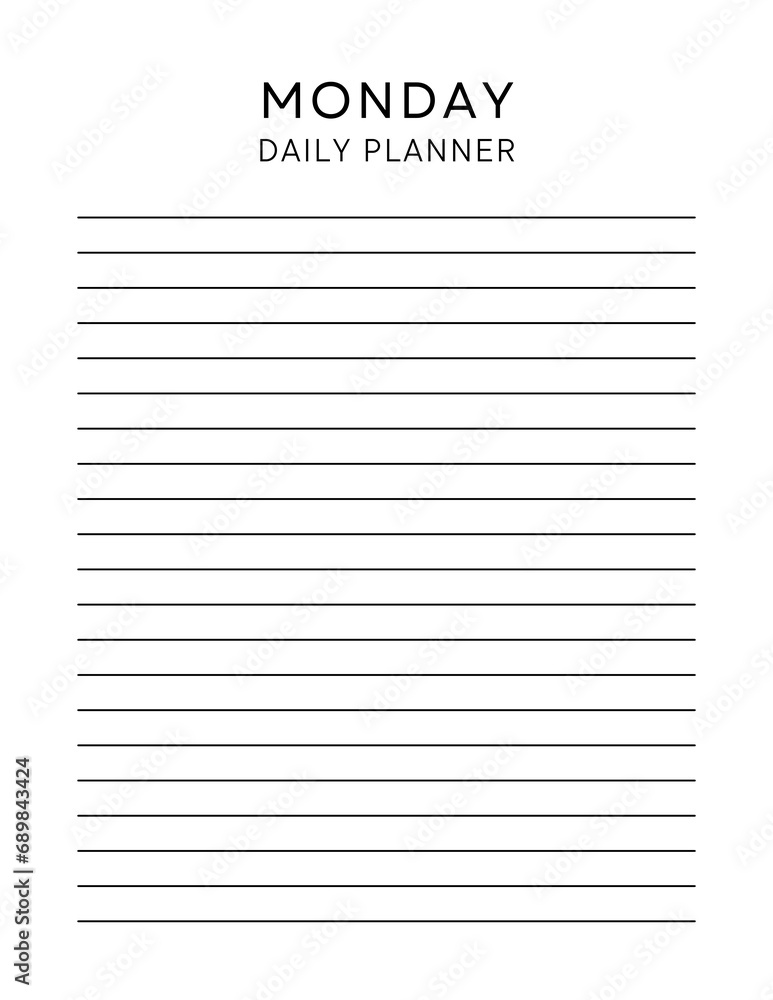 Monday daily planner page. Notebook pages for notes and goals. planner page template. Monday daily planner page. Notebook pages for notes and goals. planner page template.