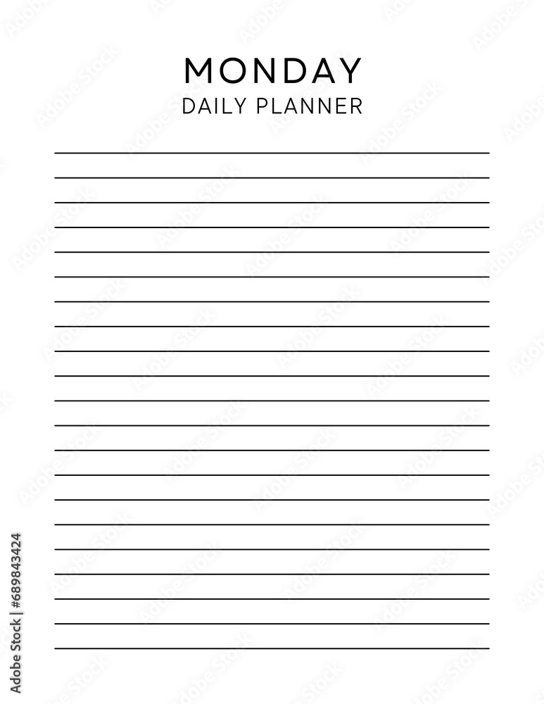 Monday daily planner page. Notebook pages for notes and goals. planner page template.