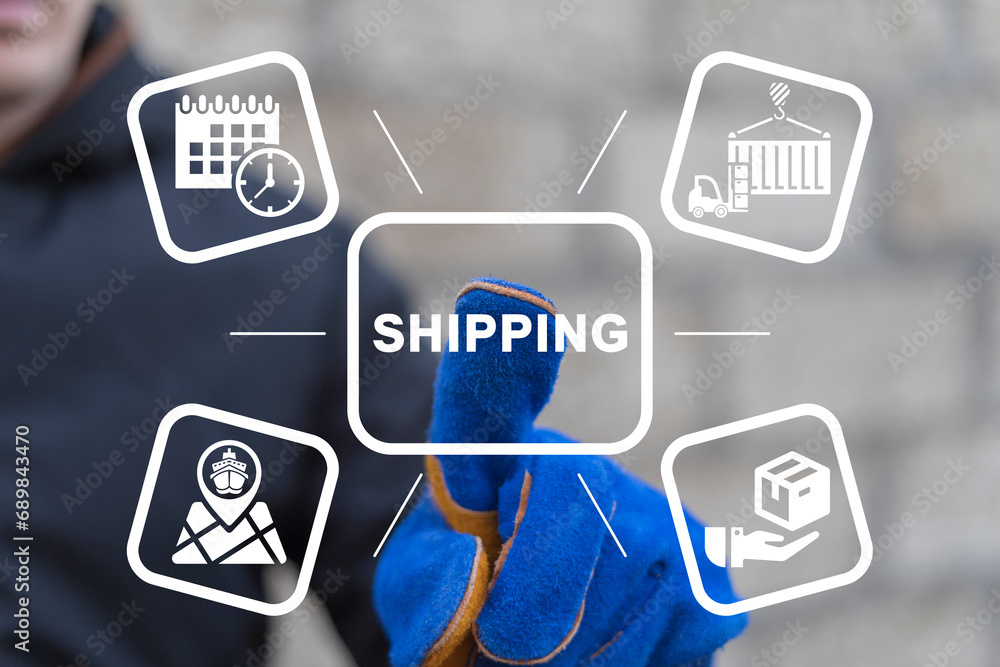 Man or worker using virtual interface sees word: SHIPPING. Concept of freight shipping in the international terminal logistic sea port by ship. Import export global freight shipping service. Man or worker using virtual interface sees word: SHIPPING. Concept of freight shipping in the international terminal logistic sea port by ship. Import export global freight shipping service.