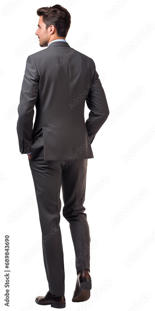 Isolated back view of a walking handsome young man wearing grey suit ...