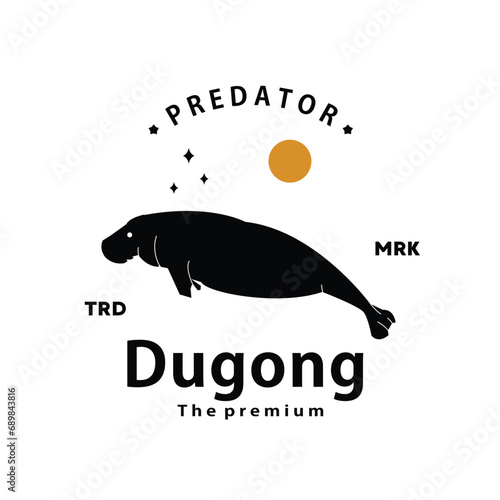 vintage retro hipster dugong logo vector outline silhouette art icon