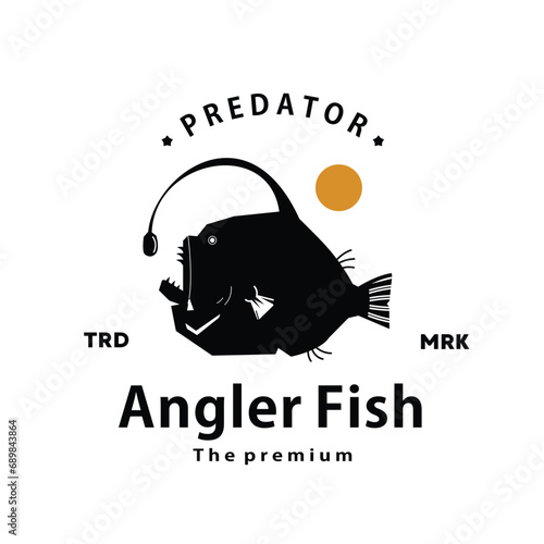 vintage retro hipster angler fish logo vector outline silhouette art icon	