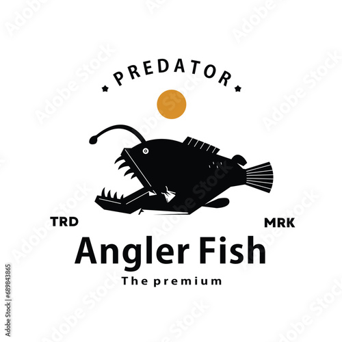 vintage retro hipster angler fish logo vector outline silhouette art icon