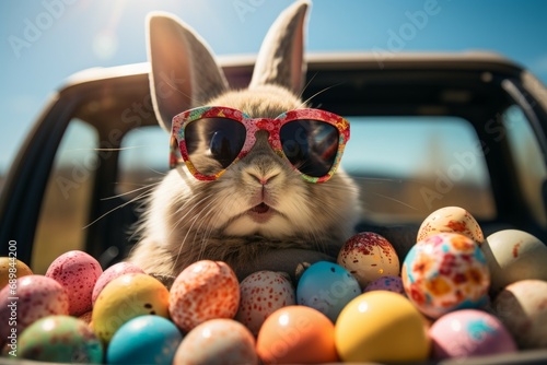 Cute Easter bunny in sunglasses among eggs with selective focus and copy space