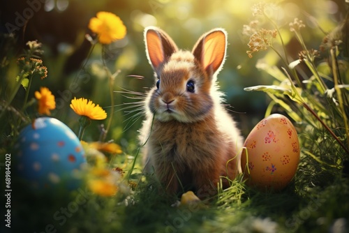 Cute Easter bunny in spring field with selective focus and copy space
