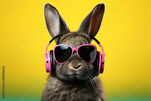 Cool bunny in headphones with selective focus and copy space © top images